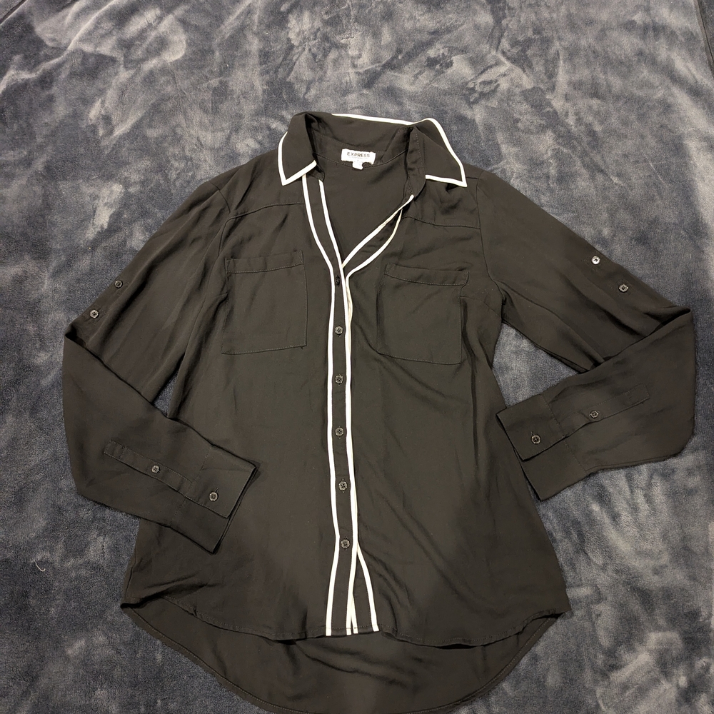 Express Black Button-Up Blouse with White Trim